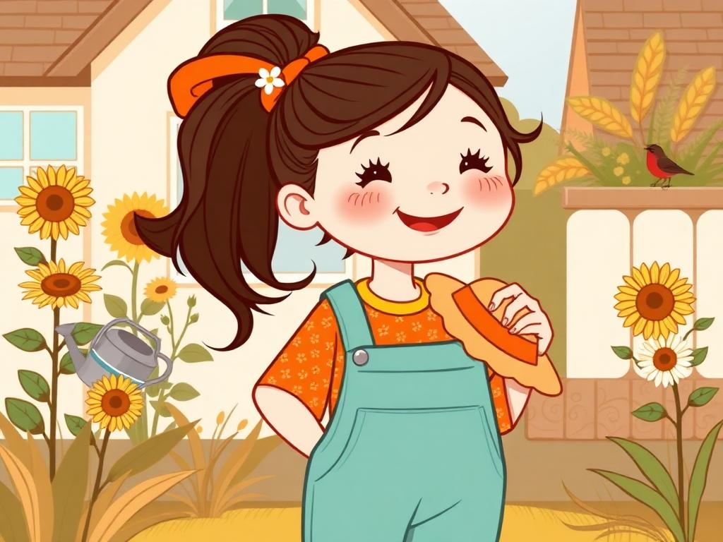 Bianka in her orange flowery jacket standing in a sunny garden full of daisies