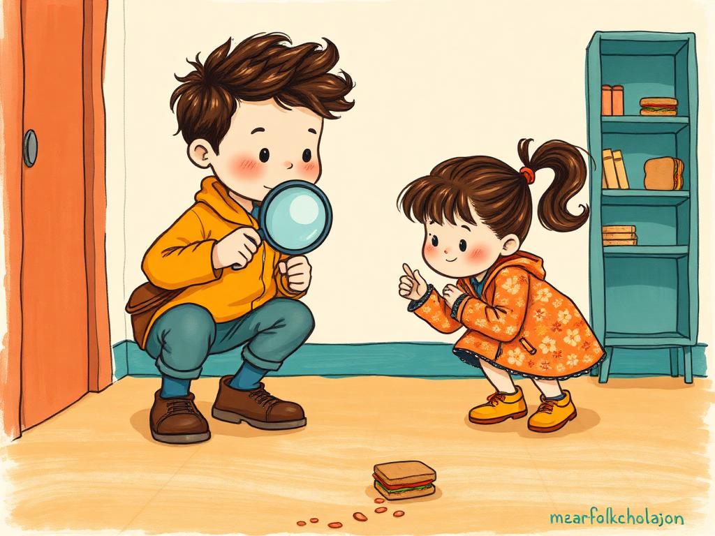 Milo and Bianka following a trail of crumbs with a magnifying glass