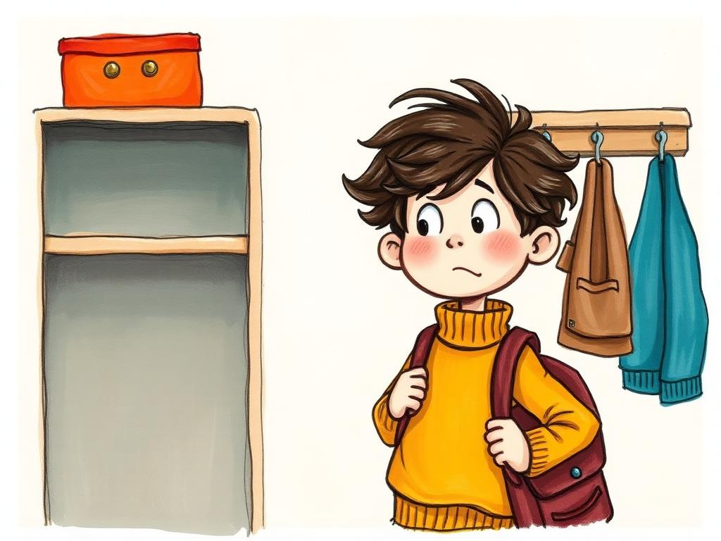 Milo looking puzzled beside an empty shelf and a row of coat pegs