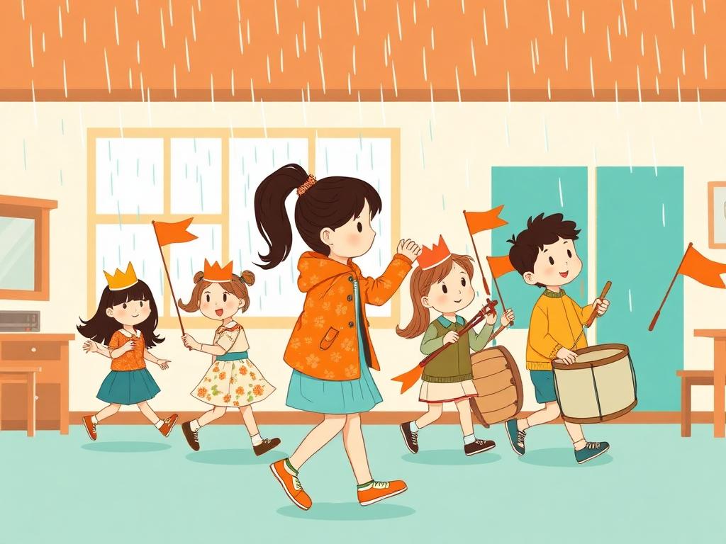 Children in paper crowns parading through a classroom while rain falls outside
