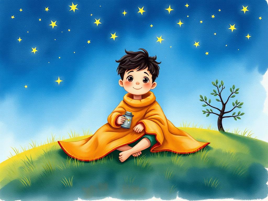 Milo wrapped in a blanket on a hilltop looking up at a sky full of stars